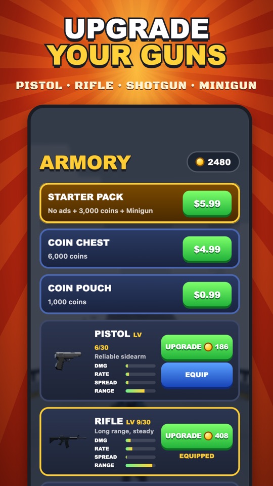 The Armory, where coins unlock and upgrade guns